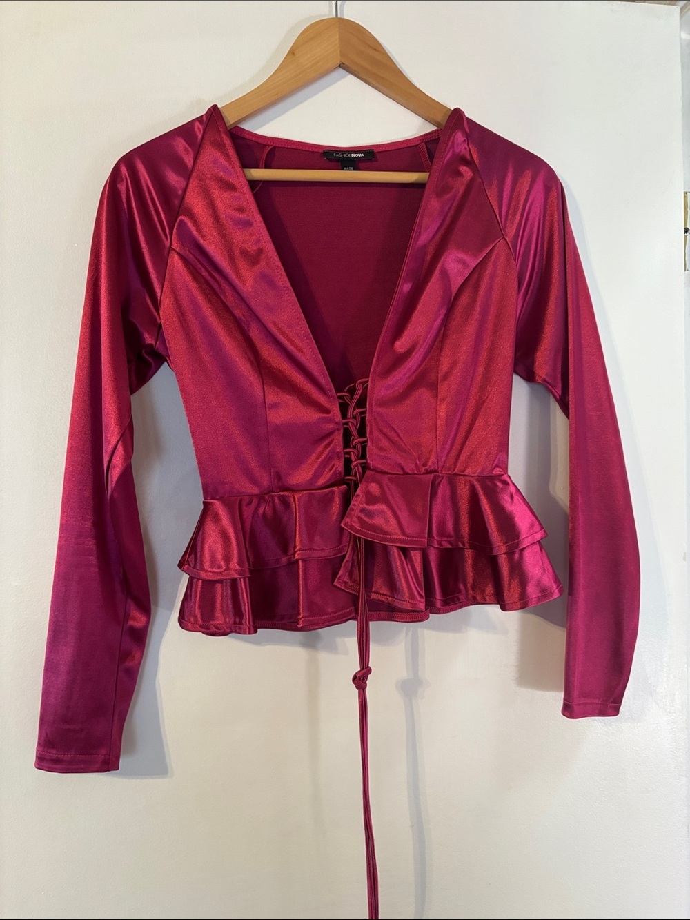 Fashion Nova Magenta Satin Lace-Up Peplum Blouse